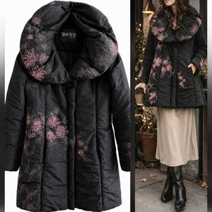 Pink FLORAL EMBROIDERED Black Boho Quilted PUFFER Vtg Coat Women's SIZE L / 48
